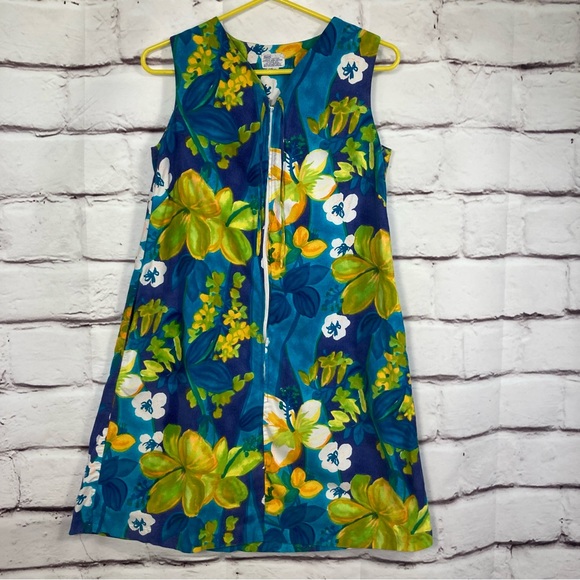 Sears Dresses & Skirts - Vintage Sears 100% Cotton Bright Floral Dress SZ S Blue Yellow Cover-Up Zips